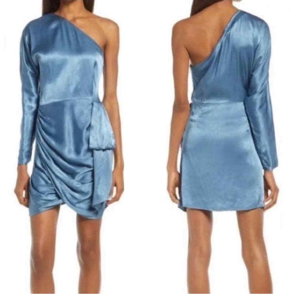 ELLIATT Revolve Shiny Satin Blue Sexy One Sleeve Mini Dress NWT Size Medium - Picture 1 of 13
